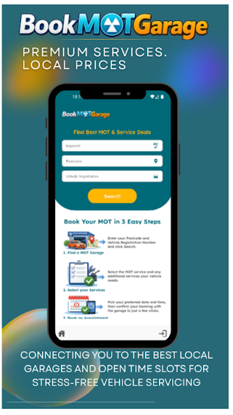 BookMOTGarage Android store preview showing the garage search screen