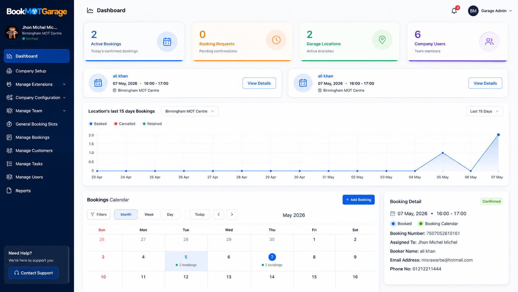 Garage booking dashboard showing bookings, analytics and scheduling
