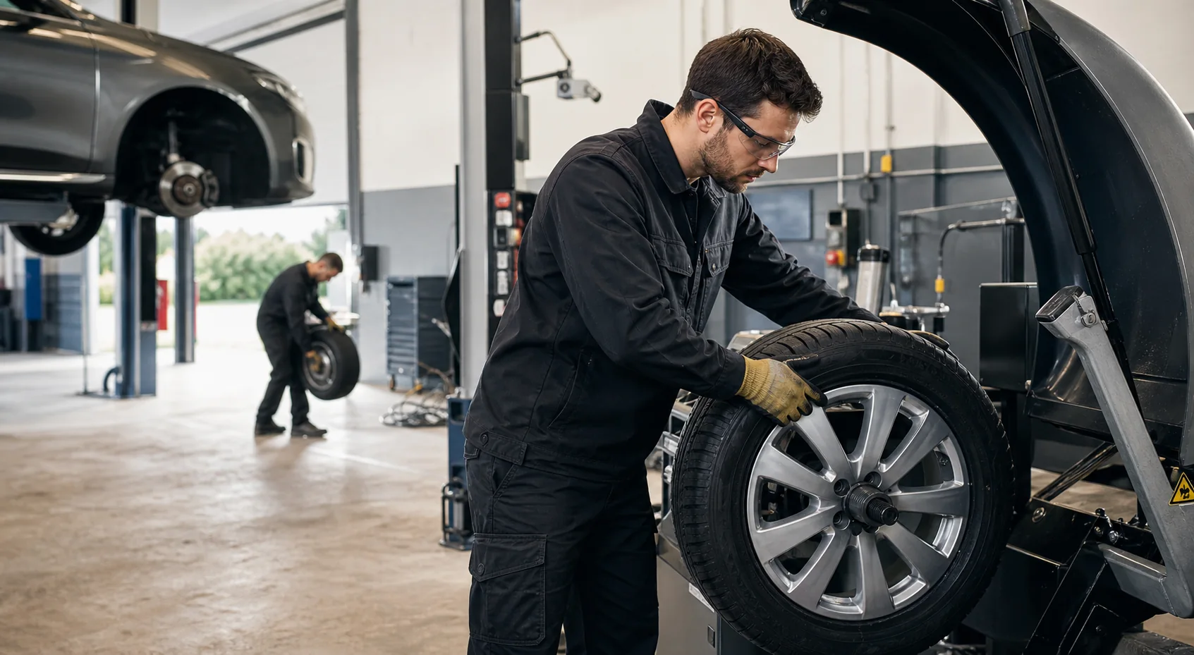 Garage technician fitting a replacement tyre
