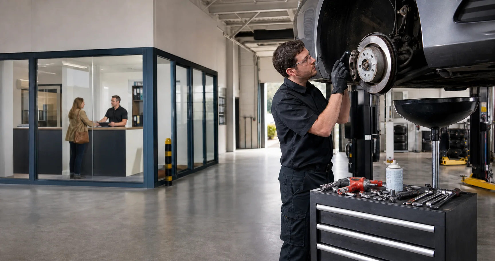 Garage technician carrying out scheduled vehicle servicing