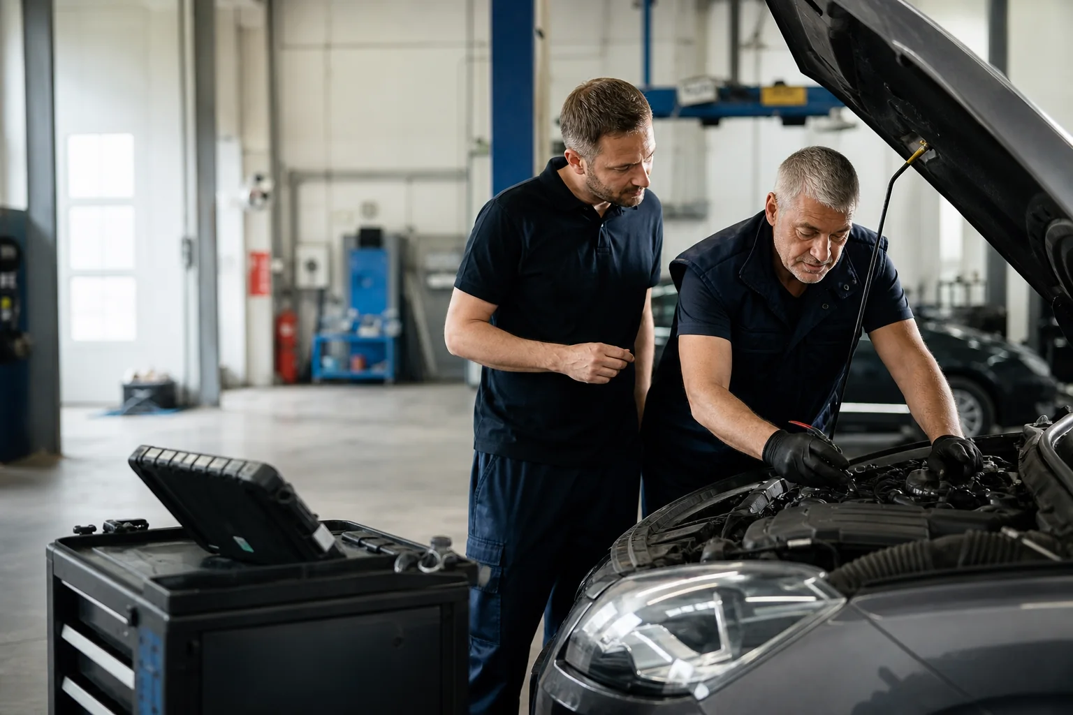 Garage technicians diagnosing a vehicle repair
