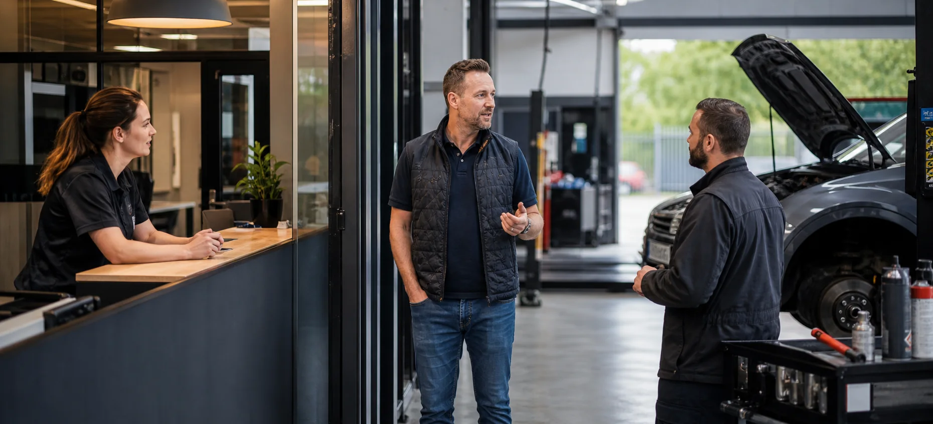 Garage owner coordinating reception and workshop operations