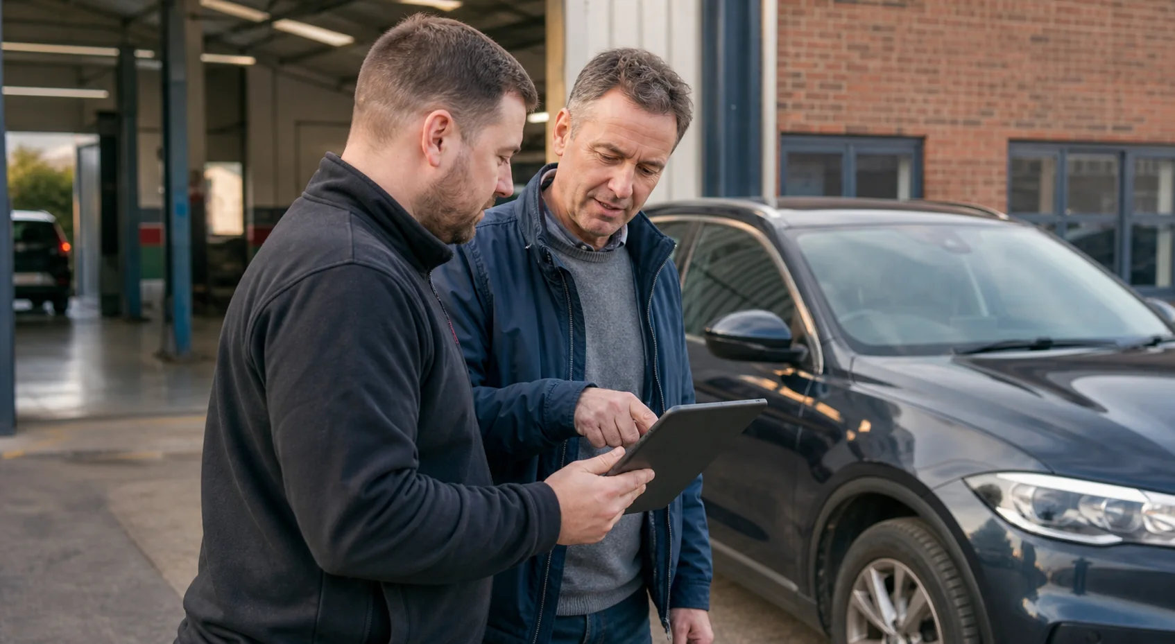Garage adviser reviewing vehicle records with a customer beside their car