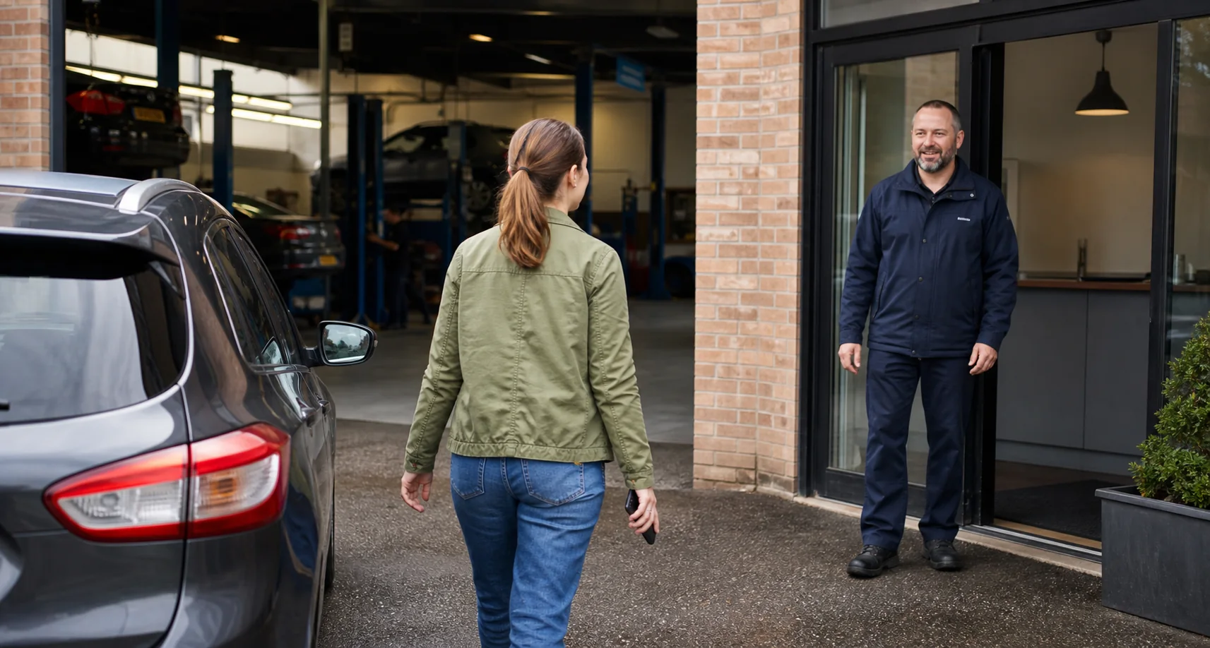 Driver arriving at an independent garage after booking vehicle care online