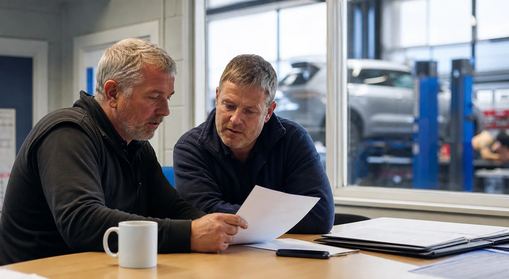 Garage owner and manager reviewing practical business priorities