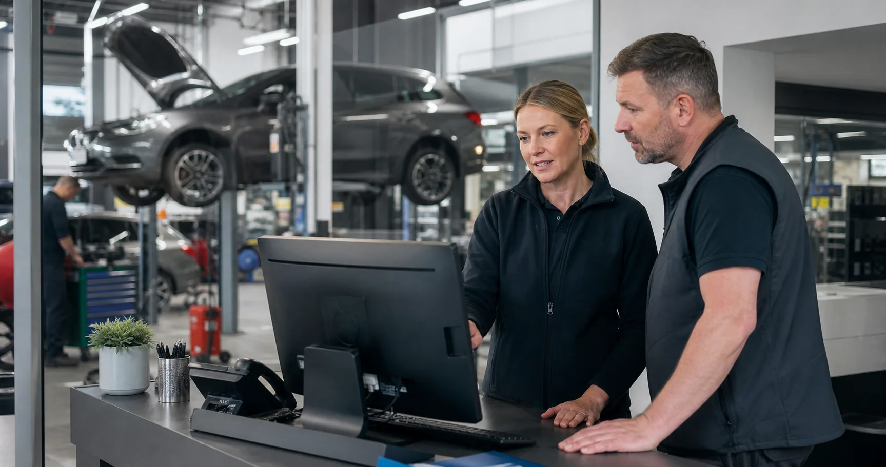 Garage owner and reception manager reviewing workshop operations