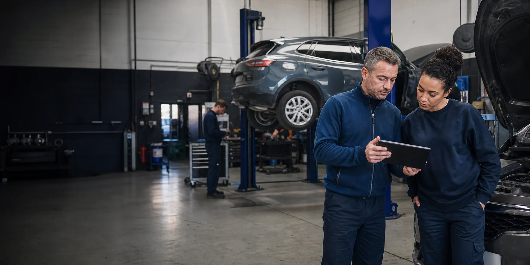 Garage manager and technician reviewing workshop activity