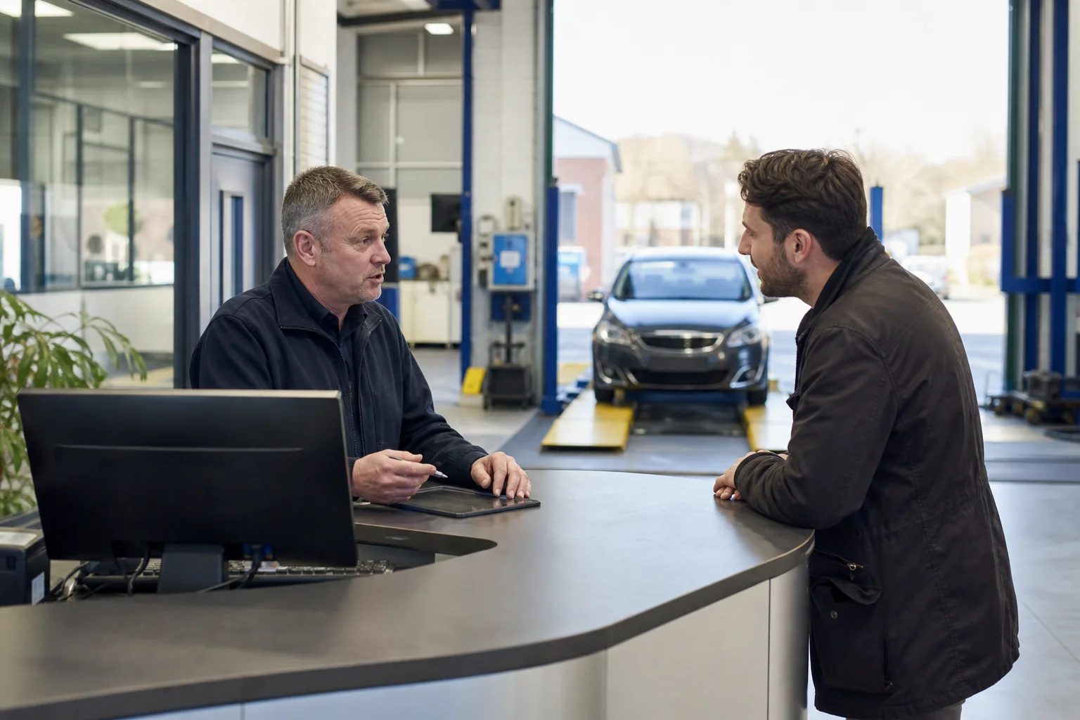 Garage service adviser confirming an MOT appointment with a driver