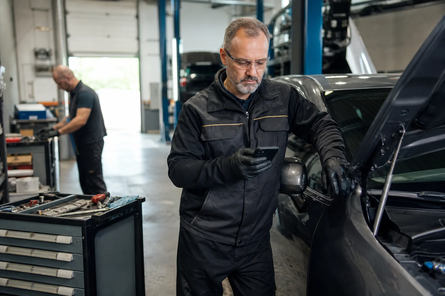 A garage technician using a phone in the workshop