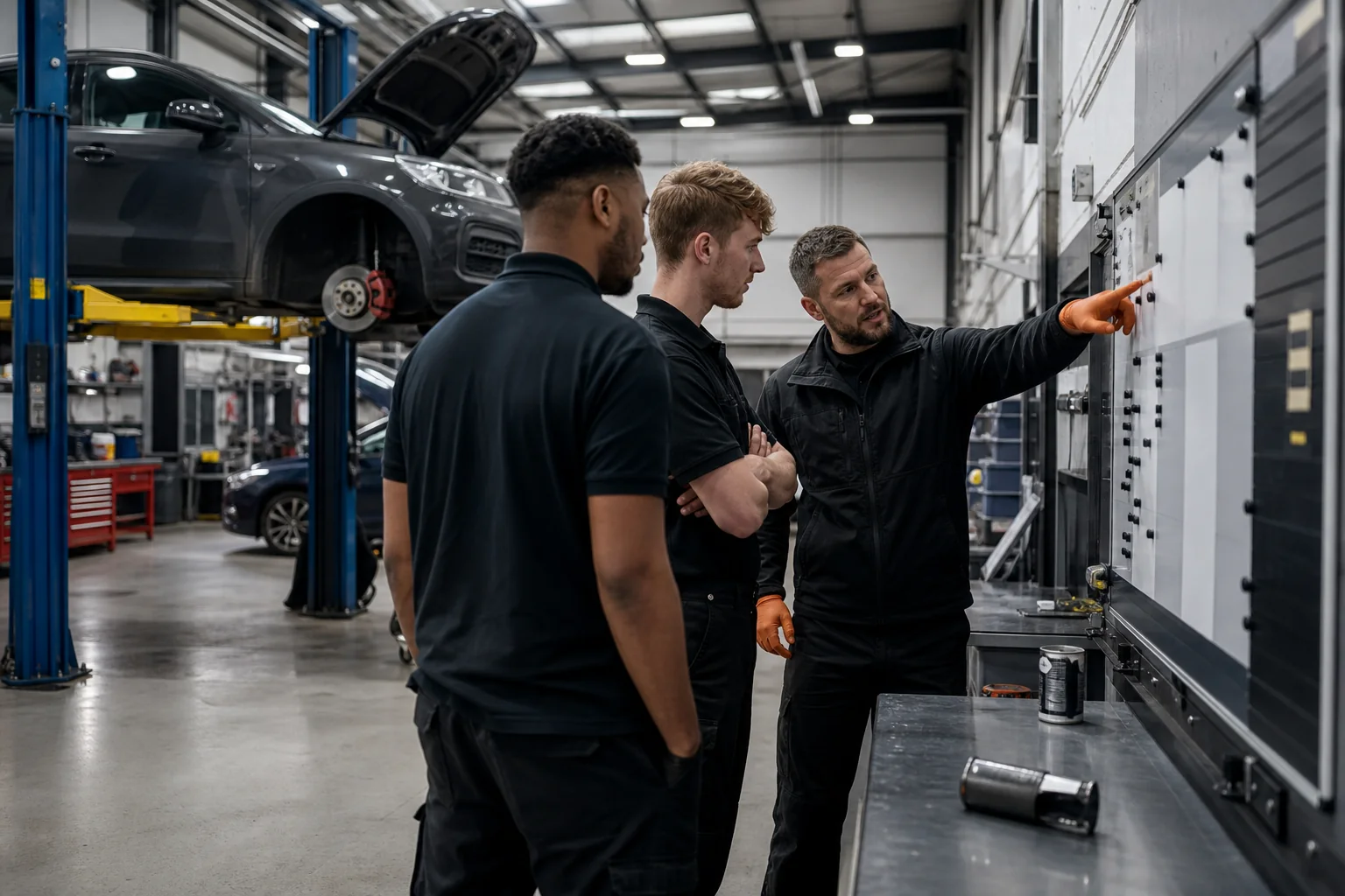 Workshop manager coordinating upcoming work with garage technicians