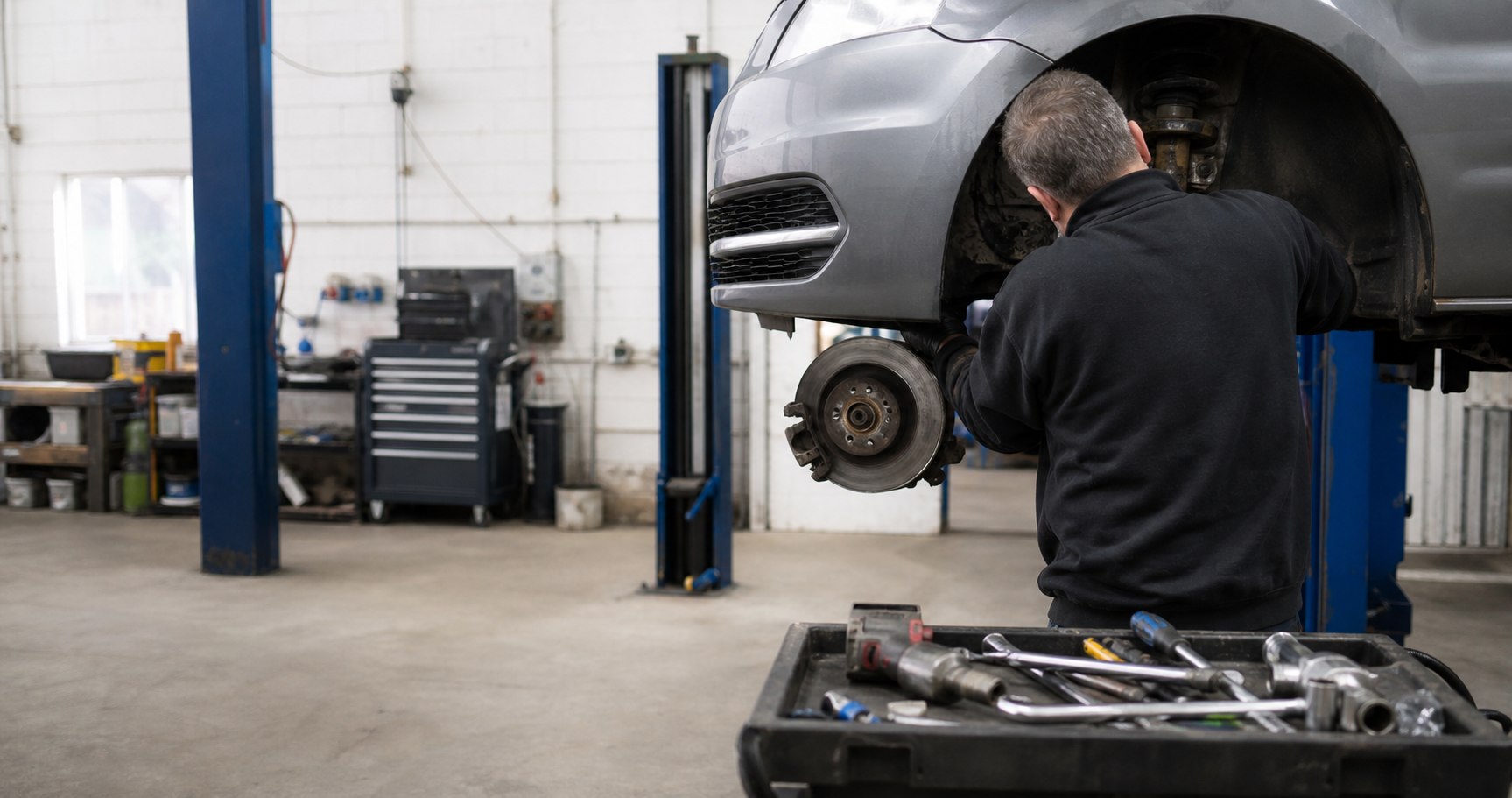 Technician repairing a car braking and suspension area in an independent workshop
