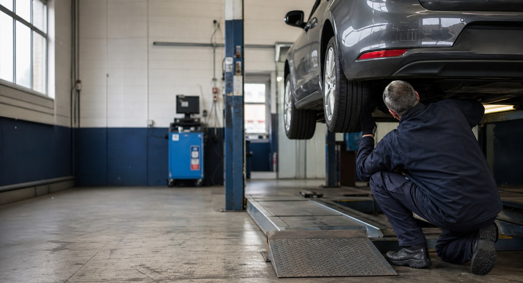 Technician carrying out an MOT inspection in an independent UK garage