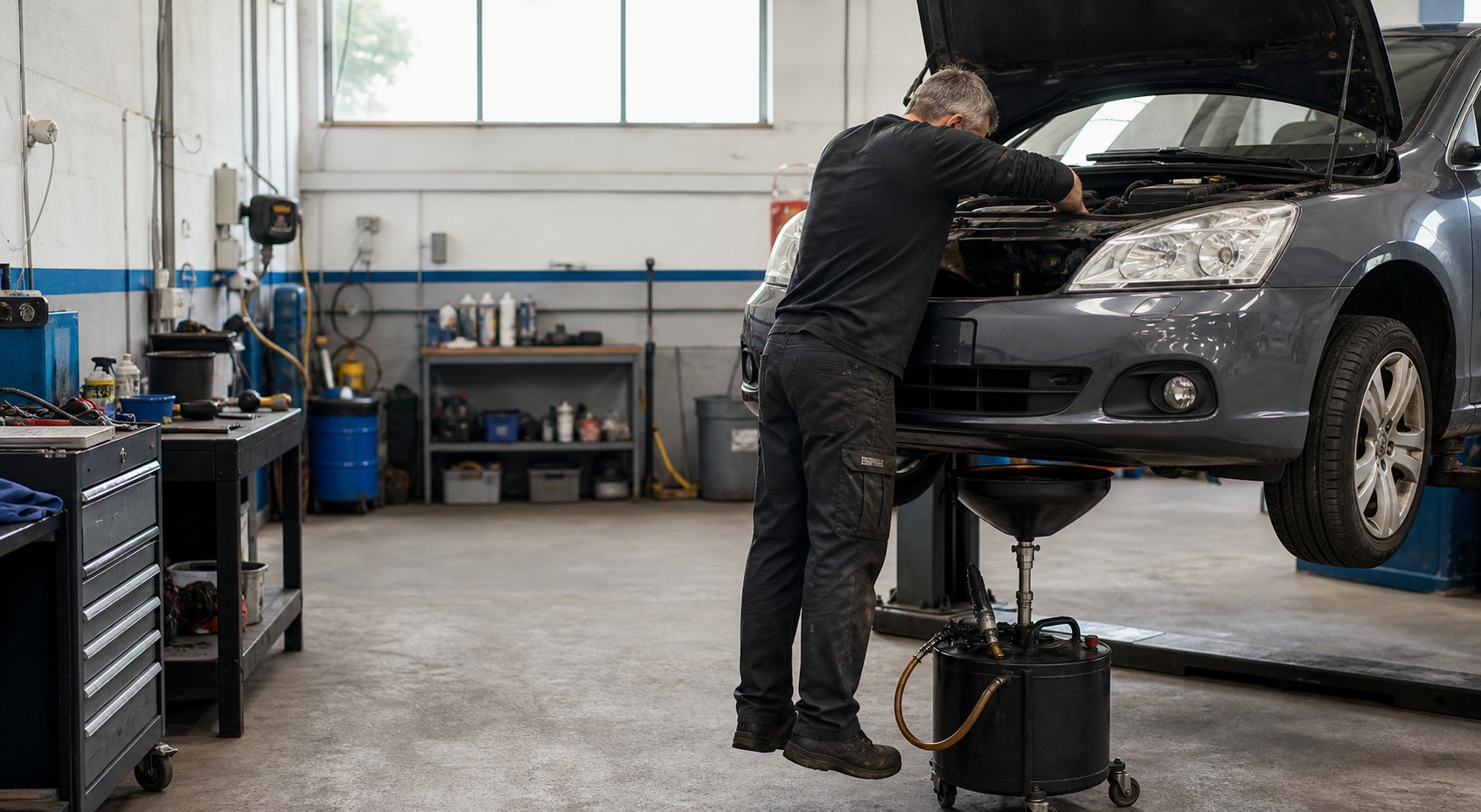 Technician carrying out scheduled servicing on a family car in a UK workshop