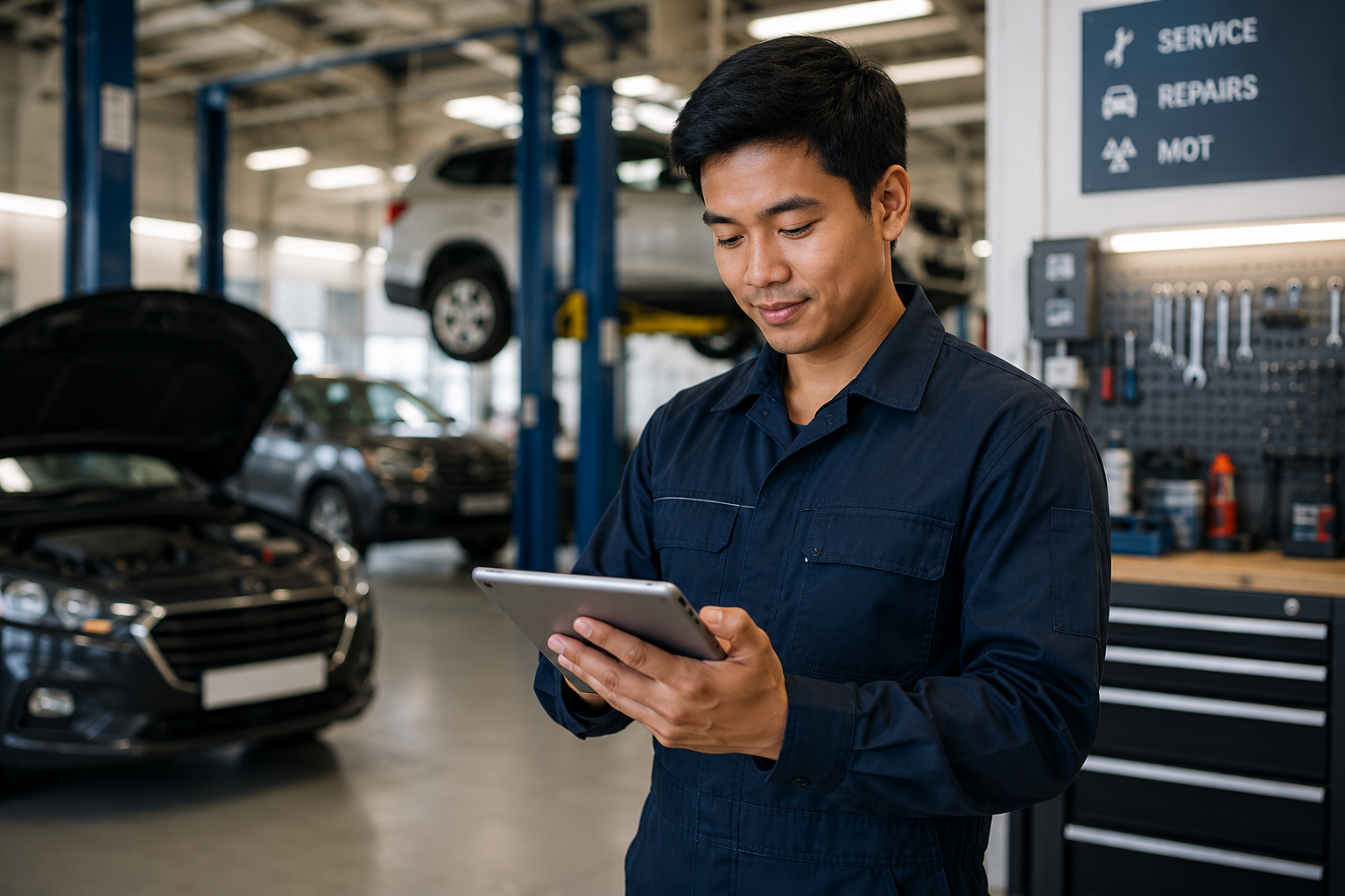 Garage owner using tablet inside workshop